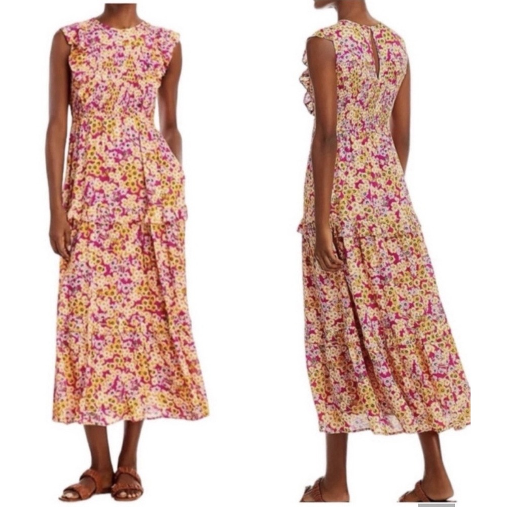 NWT Banjanan Iris Dress Monarch Fuchsia Print Smocked Midi Floral Whimsy XS